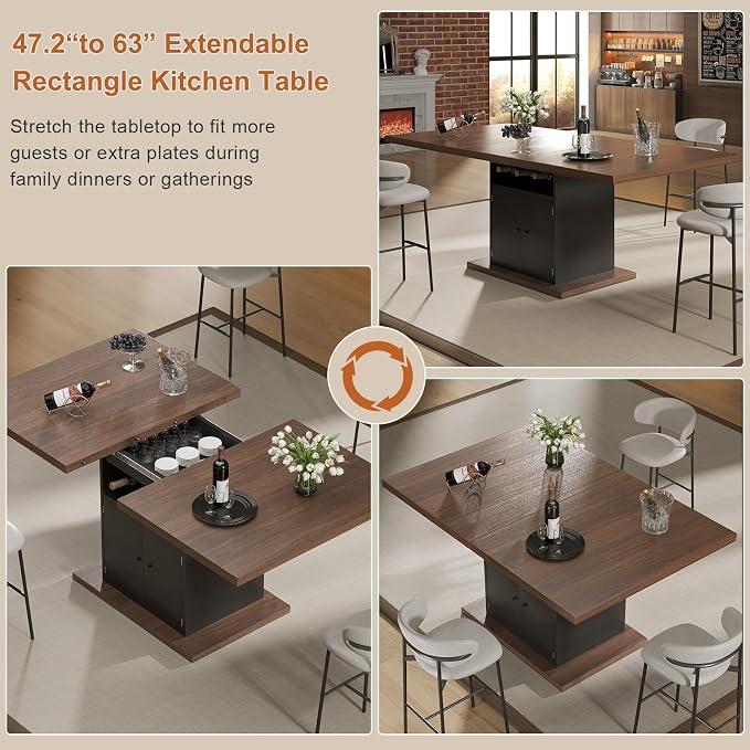 Extendable Dining Room Table for 4-6, 47-63 Inch Faux Marble Extendable Dining Table, Modern Expandable Rectangle Kitchen Dining Table with Storage for Kitchen Living Room