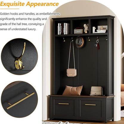 Merax 4-in-1 Hall Tree with Bench, Modern Versatile Multiple Storage Space with 6 Golden Hooks, 2 Drawers, Entryway Coat Rack for Living Room, Hallway, Black