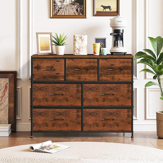 7-Drawer Dresser for Bedroom, Anti-Tip Wide Storage Organizer Fabric Chest of Drawers TV Stand for 45" TV with Wooden Top and Metal Frame for Closet, Living Room, Hallway, Entryway, Brown