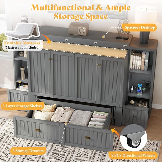 AMERLIFE Full Size Murphy Bed with Bedside Tables, Foldable Cabinet with 3 Storage Drawers & Charging Station, Farmhouse Hideaway Bed for Bedroom/Office/Guest Room, Grey