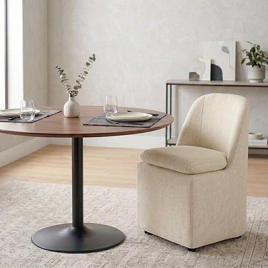 KISLOT Upholstered Dining Chairs Set of 1 with Hidden Casters, Modern Kitchen Chairs with Removable Washable Cover, Padded Dining Room Chairs with Chenille Velvet Fabric & Metal Frame, Sand