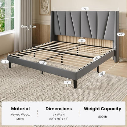 SHA CERLIN King Size Velvet Bed Frame with Geometric Wingback Headboard, Upholstered Platform Bed with Wooden Slats Support, 8" Under-Bed Space, No Box Spring Needed, Easy Assembly Light Grey