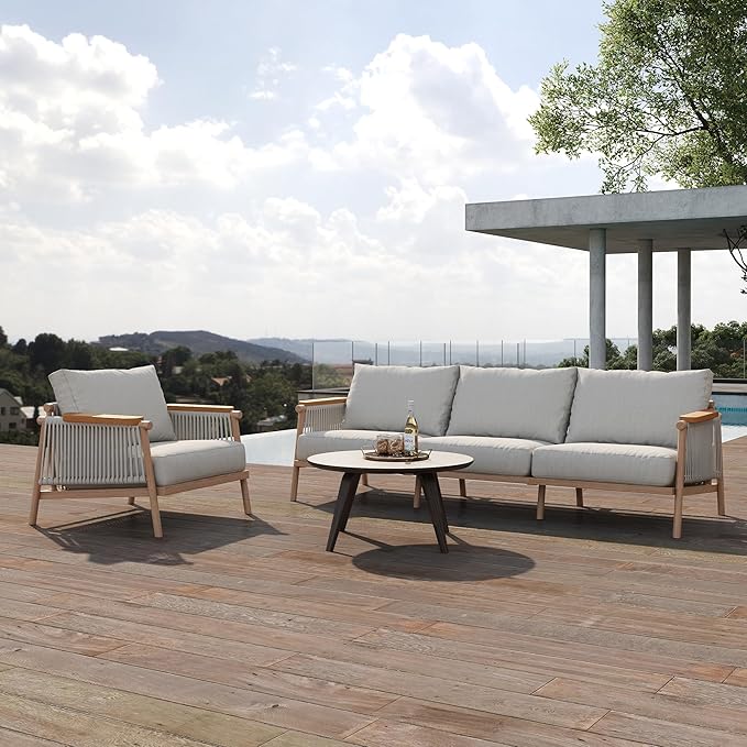 Acanva Modern All-Weather Aluminum Outdoor Patio Sofa with Thick Cushions, Olefin Fabric Sunroom Backyard Furniture, Couch Light Khaki