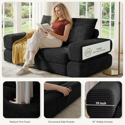 Jocoevol 4-in-1 Convertible Folding Sofa Bed, 78"W x 68"L Queen Size Foldable Sleeper Sofa Bed, Wide Corduroy Upholstery, Boneless Mattress Couch with Armrests & Neck Pillow for Living/Bedroom, Black