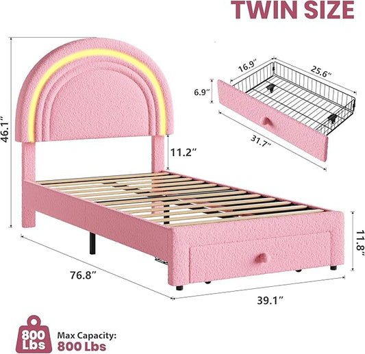 GarveeHome Twin Upholstered LED Bed Frame - with Storage Drawer and Rainbow Headboard, Berber Fleece Princess Platform Bed for Kids, Solid Wood Slats Support, No Box Spring Needed, Easy Assembly, Pink
