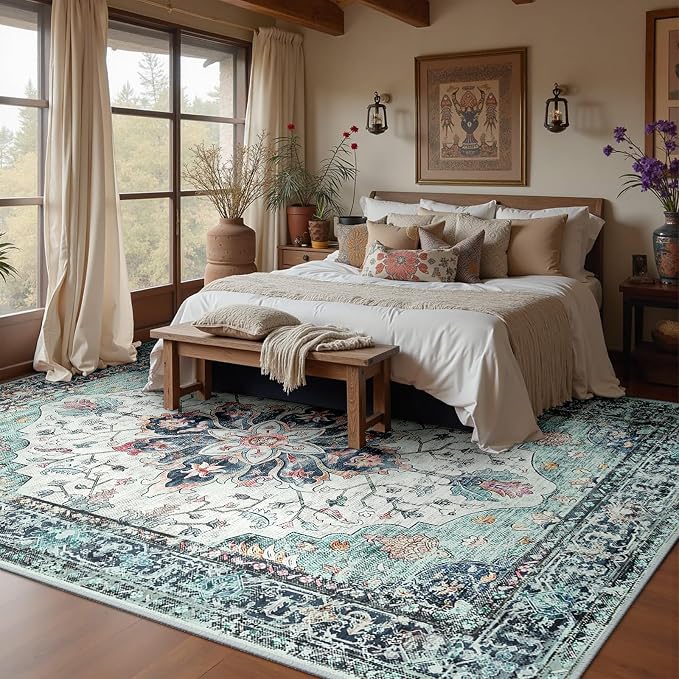 RELEANY Area Rugs Large 9'x12' Washable Non-Slip, Floral Vintage Distress Medallion Carpet for Living Room Bedroom Dining Room, Green Navy Blue White Red Teal