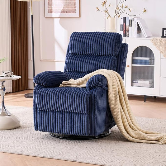 Premium Velvet 360° Swivel Recliner - High Back Gliding Rocking Chair Nursery Recliner Chair, Plush Footrest, Supportive Armrests & Side Pocket, Great for Nursery & Living Room, Blue