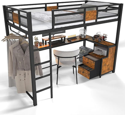 Bellemave Twin XL Loft Bed with Desk & Storage Fabric Drawers & Shelves, Metal Loft Bed Twin Size for Adults & Teens, Twin Loft Bed Frame for Apartments & Dorm, No Box Spring Needed, Black