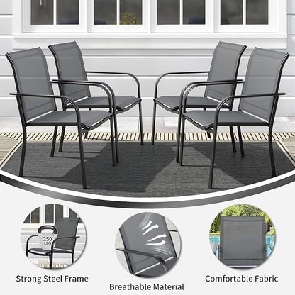 SUNCROWN 8 Pieces Outdoor Dining Set, Patio Furniture Set with 6 Textilene Dinning Chairs, 1 Rectangle Metal Table and 1 Dark Blue 9Ft Patio Umbrella for Garden Backyard Lawn Deck, Grey