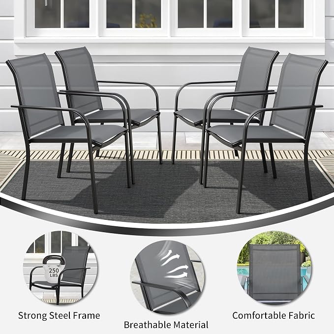 SUNCROWN 6 - Piece Outdoor Dining Set, Patio Furniture Set with 4 Textilene Dinning Chairs, 1 Steel Slat Metal Bistro Table and 1 Dark Blue 9Ft Patio Umbrella for Lawn Garden Backyard Deck, Grey