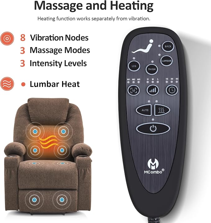 MCombo Small Power Lift Recliner Chair Sofa with Massage and Heat for Petite Elderly, 3 Positions and USB Ports, Extended Footrest, Fabric 7141 (Coffee)