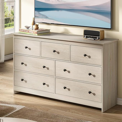 CARPETNAL Dresser for Bedroom, 7 Drawer Dresser 55” Wide Wood Chest of Drawers with Metal Handles, TV Stand, Furniture Storage Dressers Organizer for Living Room, Hallway, Entryway (Walnut)