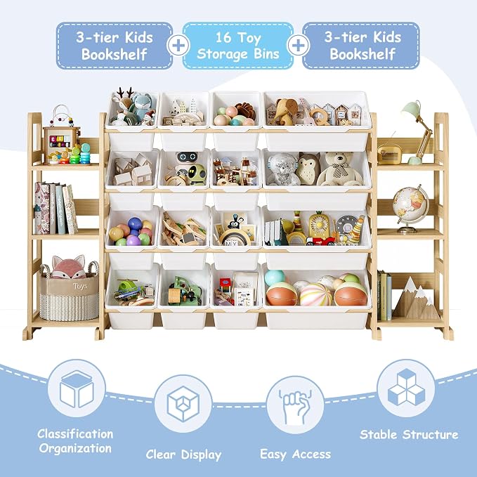 EXPERLAM Extra Large Toy Storage - Toy Storage Organizer, Wooden Toy Organizer with 6 Side Shelves and 16 Bins, 3-in-1 Bookshelf for Kids Rooms, Playroom, Nursery, White