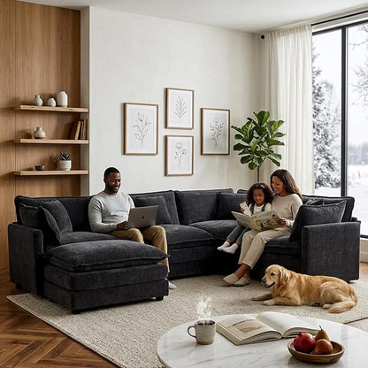 Oversized Modular Sectional Cloud Sofa: 114" V-Shaped Modular Cloud Couch, 5 Seater Comfy Couch with Ottomans and Pillows, Chenille Deep Seat Couch for Living Room,Bedroom,Apartment,Large Space, Black