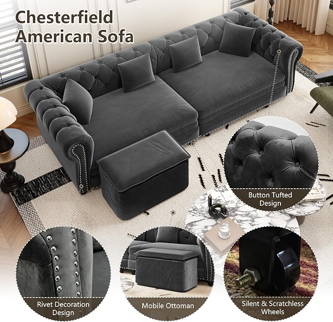 89" Velvet Pull Out Sofa Bed - 3-in-1 Convertible Sleeper Sofa with Ottoman, Button Tufted Chesterfield Sofa, Pull-out King Size Couch Bed, Space Saving for Small Spaces Apartments, Living Room, Grey
