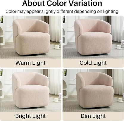 SOFTHION Swivel Accent Chair, Sherpa Teddy Barrel Chair for Living Room, Cozy Round Boucle Arm Chair, Metal Base for Club Nursery Bedroom, Light Blush Pink