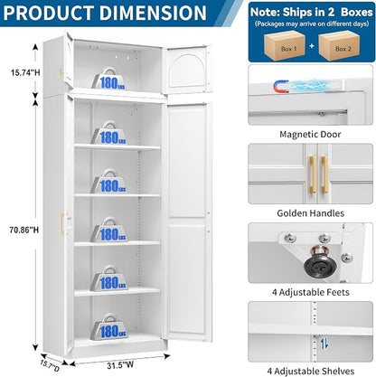 86" Tall Metal Kitchen Pantry Storage Cabinet with Doors | Extra Large Heavy Duty Steel Cabinet, 4 Adjustable Shelves, Easy-Access Gold Handles, White, 2 Packages, Home Office Pantry