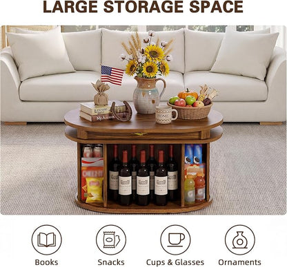 YESHOMY 45.2" Extendable Coffee Table with Storage, Fluted Oval Coffee Table with Sliding Door, Mid Century Modern Center Table for Living Room, Walnut