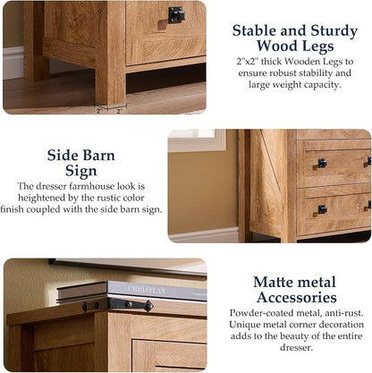 T4TREAM 54" Wide Farmhouse 6-Drawer Dresser for Bedroom, Light Knotty Oak | Rustic, Wood Storage Cabinet, Metal Handle, Unique Corner Accent, Bedroom, Living Room, Hallway
