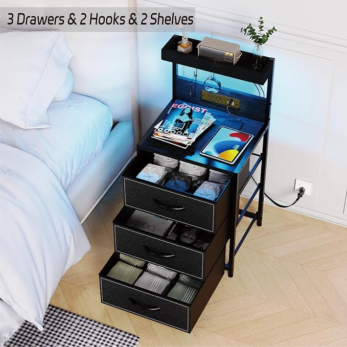 SZLHANJZ LED Nightstand with Charging Station, Night Stand with 3 Drawers and Lights, Storage Side Table with Shelf and Hooks, Tall End Table for Bedside, Bedroom, Modern Black