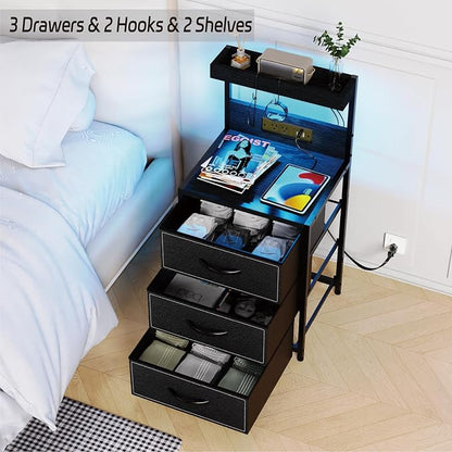 SZLHANJZ LED Nightstand with Charging Station, Night Stand with 3 Drawers and Lights, Storage Side Table with Shelf and Hooks, Tall End Table for Bedside, Bedroom, Modern Black