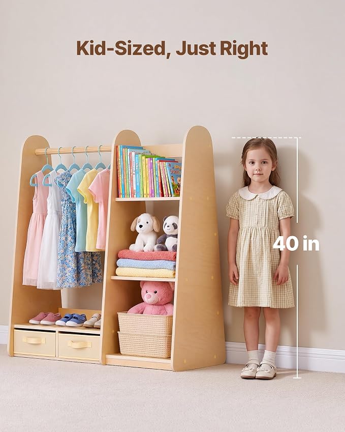 VEVOR Kids Dress Up Storage, with Mirror, Dress Up Closet, Toddler Wardrobe Closet for Little Girls, Armoire with Shelves & Bottom Tray, Costume Organizer, Toddler Room Furniture, for Bedroom, Natural