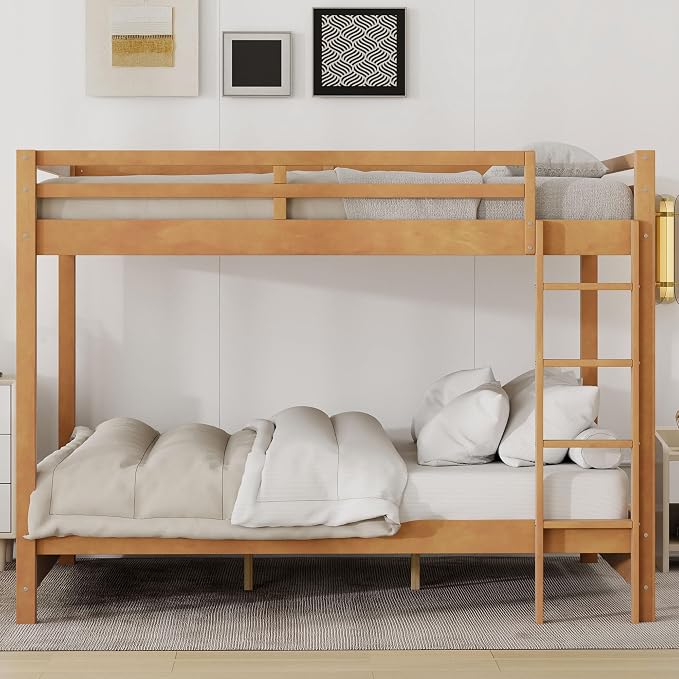 Merax Queen Size Bunk Bed - Solid Pine & MDF Frame, Heavy Duty 600lb Capacity, Space Saving Design with Safety Guard Rails & Ladder, No Box Spring Needed,Wood Color