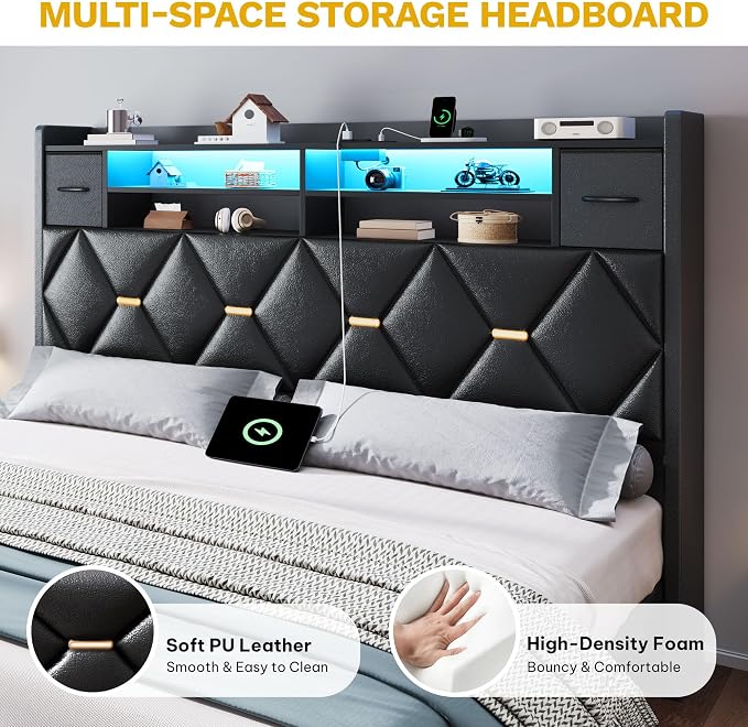 DWVO Queen Size Bed Frame with 2 Storage Drawers and Storage Headboard, Upholstered Platform with Charging Station and LED Light, No Box Spring Needed, Noise Free, Easy Assembly, PU Leather Black