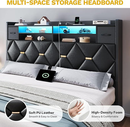 DWVO Queen Size Bed Frame with 2 Storage Drawers and Storage Headboard, Upholstered Platform with Charging Station and LED Light, No Box Spring Needed, Noise Free, Easy Assembly, PU Leather Black