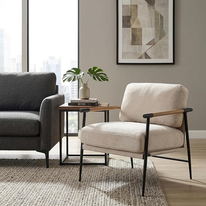 DUOMAY Mid-Century Modern Accent Chairs Set of 2 - Soft Linen Upholstered Lounge Reading Chair for Bedroom - Comfy Lightweight Livinig Room Chairs - Beige