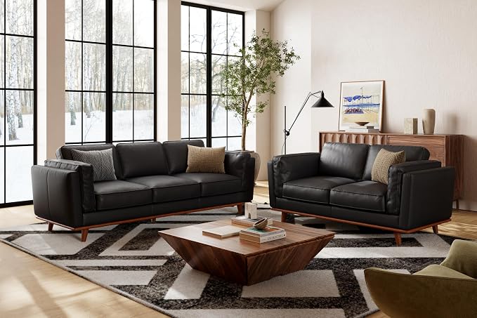 Valencia Artisan Full Leather Loveseat Sofa 66”| Pure Full Italian Nappa Leather Couch, Solid Wood Accent, Ultimate Comfort, Black