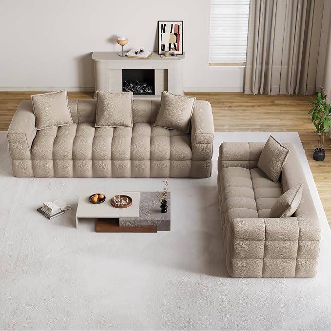 Chenille Cloud Sofa Couch Set with 5 Soft Pillows,Comfy Upholstered Chenille LoveSeat Sofa Set,Modern Deep Seat Sherpa Cloud Couch, Oversized Love Seat for Living Room,Light Brown
