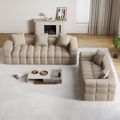 Chenille Cloud Sofa Couch Set with 5 Soft Pillows,Comfy Upholstered Chenille LoveSeat Sofa Set,Modern Deep Seat Sherpa Cloud Couch, Oversized Love Seat for Living Room,Light Brown