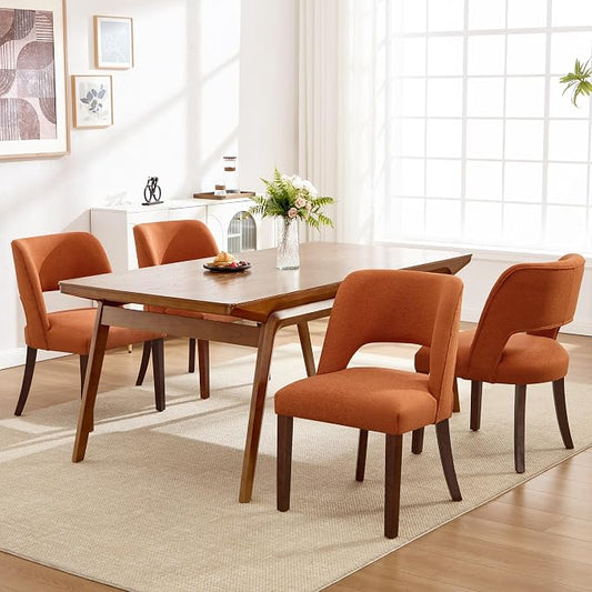 Dining Chairs Set of 4,Modern Dining Room Chairs with Thick Cushions,Upholstered Linen Fabric Kitchen Chairs for Kitchen Dining Room Orange