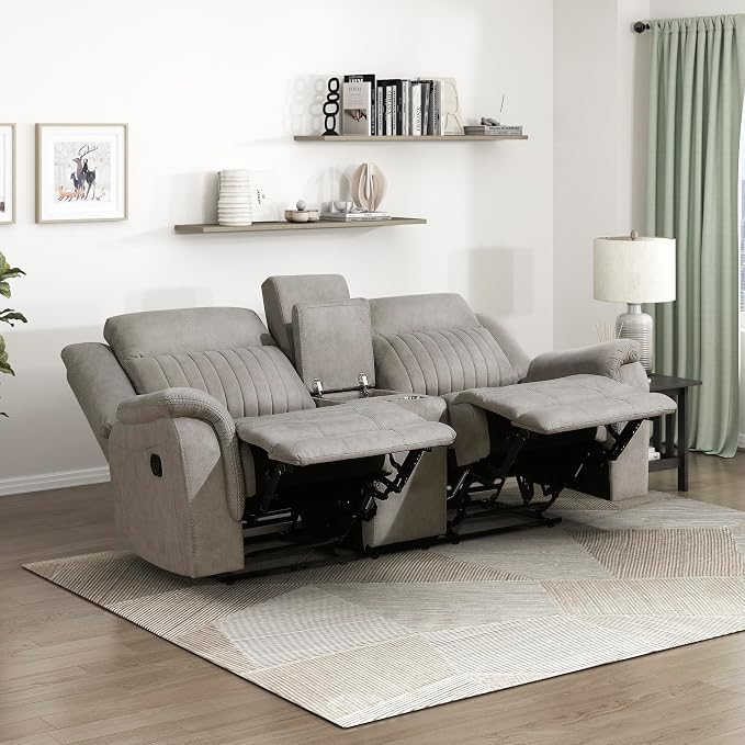 Lexicon Manual Double Reclining Loveseat, Polished Microfiber Manual Wall Hugger Loveseat Recliner for Living Room, Center Storage Console/Cup Holders, Easy Assembly, Dove