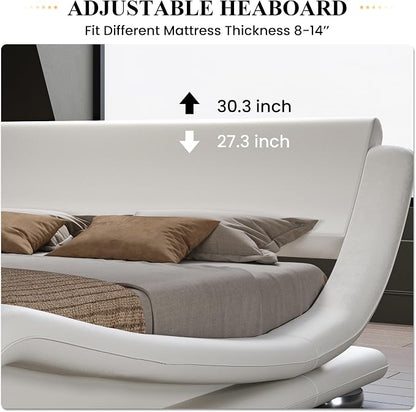 SHA CERLIN King Size Upholstered Bed Frame, Deluxe Low Profile Sleigh Bed with Faux Leather Ergonomics Headboard, No Box Spring Needed & Easy Assembly, White