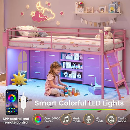 ELYKEN Low Loft Bed Twin Size with 10 Storage Drawers, Twin Loft Bed Frames for Kids with Safety Guardrail,Metal Kids Loft Bed with LED Lights,Inclined Ladder,Spave Saving,Pink
