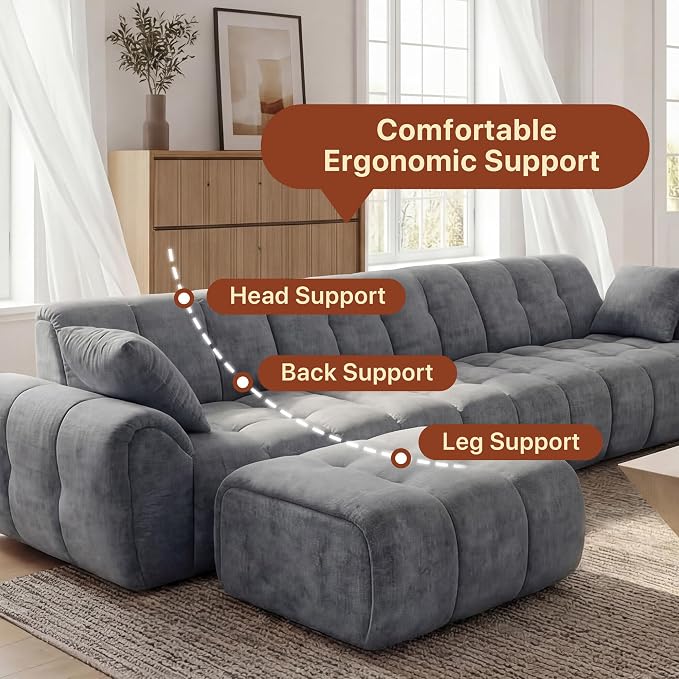 Claiks 118" Modern Boneless Couch, Corduroy Modular Cloud Sofa for Living Room, Deep Seat Sectional with Movable Ottoman, No Assembly Required, Dark Grey