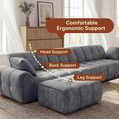 Claiks 118" Modern Boneless Couch, Corduroy Modular Cloud Sofa for Living Room, Deep Seat Sectional with Movable Ottoman, No Assembly Required, Dark Grey