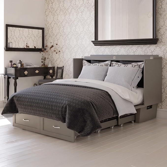 AFI, Monroe Queen Murphy Bed Chest with 6" Mattress, Storage Drawer & Built-in USB Charger, Grey