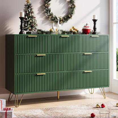 MAISONARIA Green Dresser for Bedroom, 7 Drawer Dresser with Gold Pulls, Wide Chest of Drawers for Bedroom, Entryway, 47.2" L x 15.7" D x 31.4" H