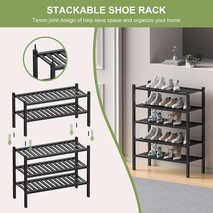 ROMGUAR CRAFT 2 Tier (Thick) Bamboo Shoe Rack for Closet Free Standing Wood Shoe Shelf for Entryway Small Space Stackable 27"x12"x14" (Black)