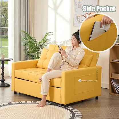 GOSUHI 52" Sleeper Sofa with Pull-Out Bed, 3-in-1 Convertible Sofa Bed, Set of Loveseat with Stepless Adjustable Backrest and Side Pocket, for Living Room Dorm Apartment, Linen, Yellow