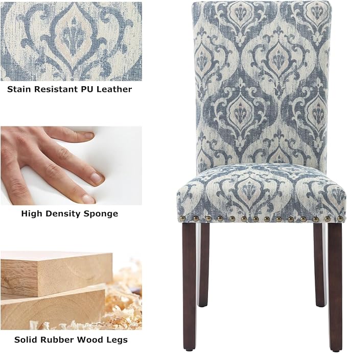 COLAMY Upholstered Parsons Dining Chairs Set of 4, Fabric Dining Room Kitchen Side Chair with Nailhead Trim and Wood Legs - Blue/White Flower