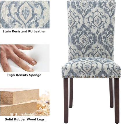 COLAMY Upholstered Parsons Dining Chairs Set of 4, Fabric Dining Room Kitchen Side Chair with Nailhead Trim and Wood Legs - Blue/White Flower