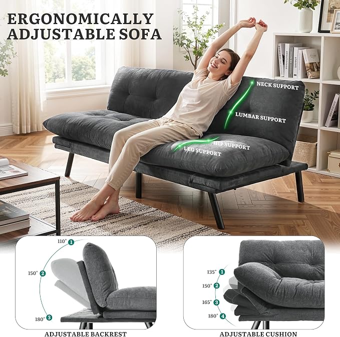 YITAHOME Convertible Futon Sofa Bed with Adjustable 3 Color Light Strip, 70" Folding Futon Set for Living Room Home Office Aprtment, Modern Futon Couch with Adjustable Backrest & Armrests, Grey