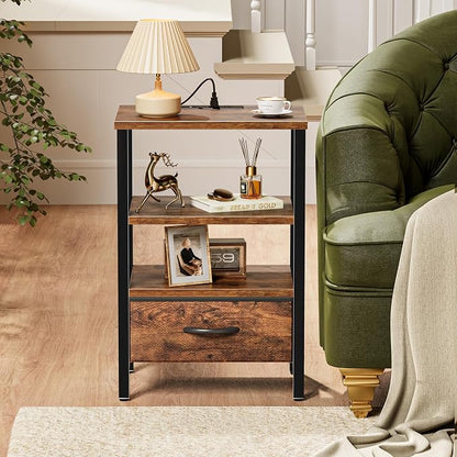 SUPERJARE Nightstand Set of 2, Bed Side Tables with Charging Station, Adjustable Fabric Drawer, Night Stand for Bedroom, 3-Tier Storage End Tables, for Living Room, Rustic Brown