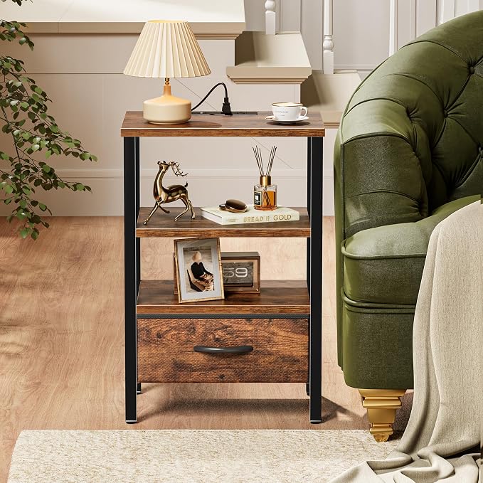 SUPERJARE Nightstand with Charging Station, Bed Side Table with Adjustable Fabric Drawer, Night Stand for Bedroom, 3-Tier Storage End Table, for Living Room, Rustic Brown