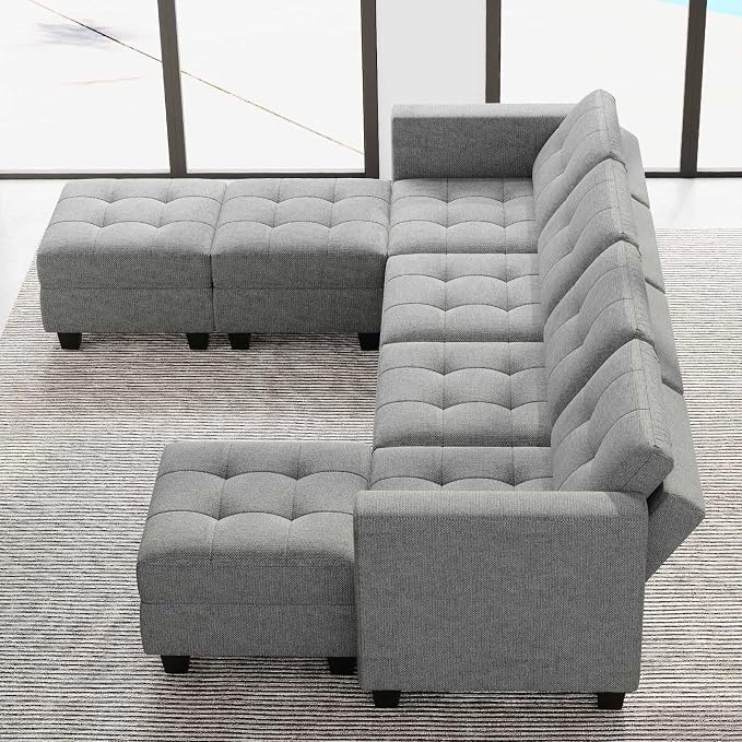 Belffin Modular Storage U-Shape Sectional Sofa Couch with Reversible Chaises 7-seat Sofa with Storage Seat Modular Sectional Sofa Set with Ottomans Modern Fabric Light Grey