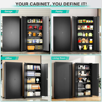 SISESOL Metal Storage Cabinet with 2 Doors and 5 Shelves,71" Lockable Garage Storage Cabinet,Black Metal Cabinets with Lock,Locking Steel Cabinets for Home,Office,Garage,Shop,School